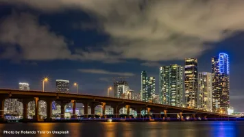 Downtown Miami with Macarthur Causeway in the foreground. The angle is looking from Venetian Causeway.