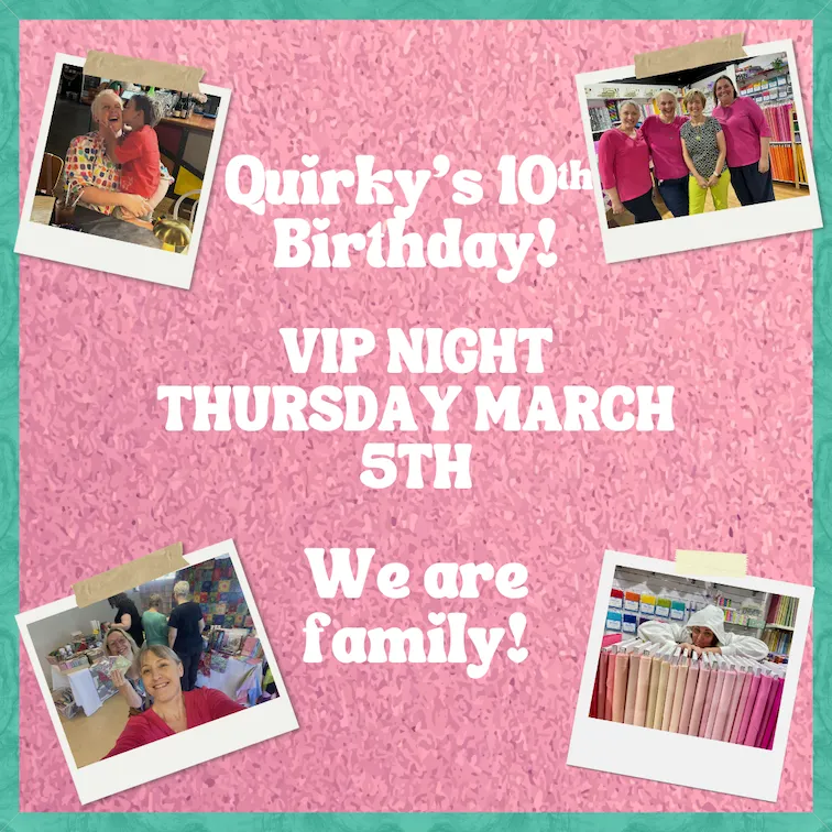 Colorful whimsical quilt with triangular circus tents, toys, and geometric shapes on a pink background bordered with colorful triangles and diamonds. No human shapes or faces.