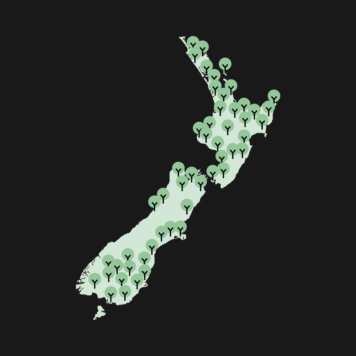 Map of Aotearoa New Zealand showing native tree planting across the country