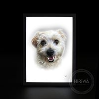 Custom portrait of a small scruffy white and grey dog with a happy expression.