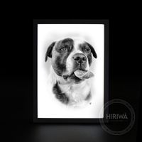 Black and white custom portrait of a stocky dog with dark patches over both eyes.