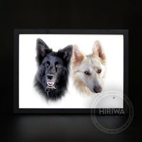 Custom two-pet portrait of a black dog and a cream-coloured dog side by side.