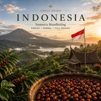 Single origin Indonesia coffee beans from Aceh Gayo and West Java with cocoa, spice, and earthy notes.